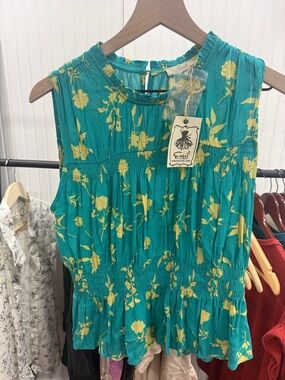 Easel Teal Top with Yellow Floral Print